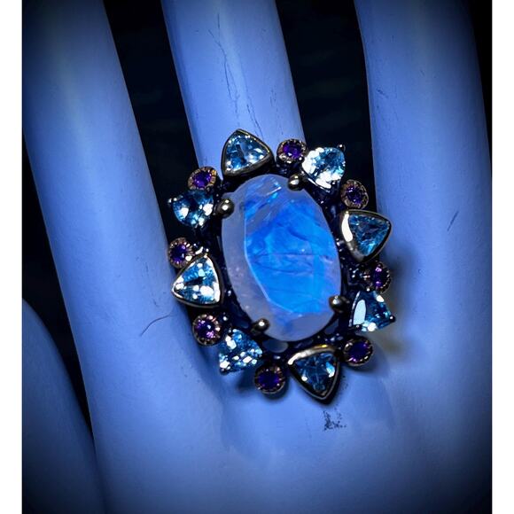 Rainbow Moonstone , Aquamarine Amethyst Halo, Sterling Silver Ring Size 8